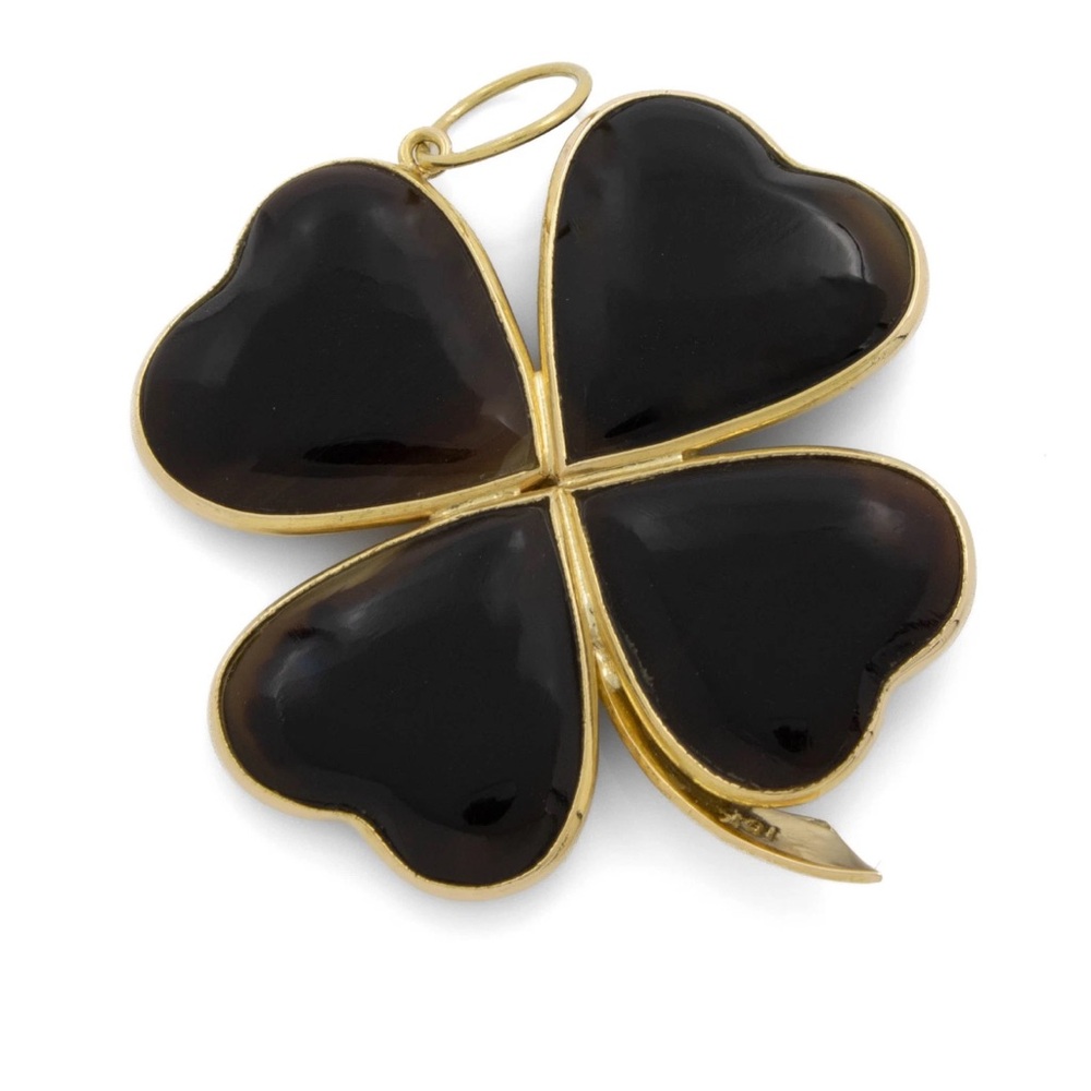 Vintage 18K Yellow Gold Brown Agate Four-Leaf Clover Pendant